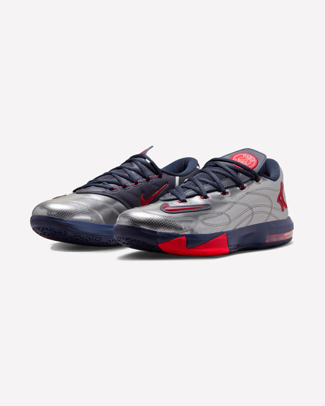Nike KD 6 PSG Paris Saint-Germain Metallic Silver Navy — detalle del logo
